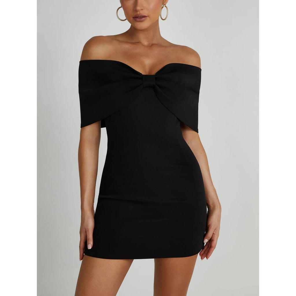 Women's Homecoming Dress Bodycon Mini with Off Shoulder Neckline and Oversized Bow - Image 3