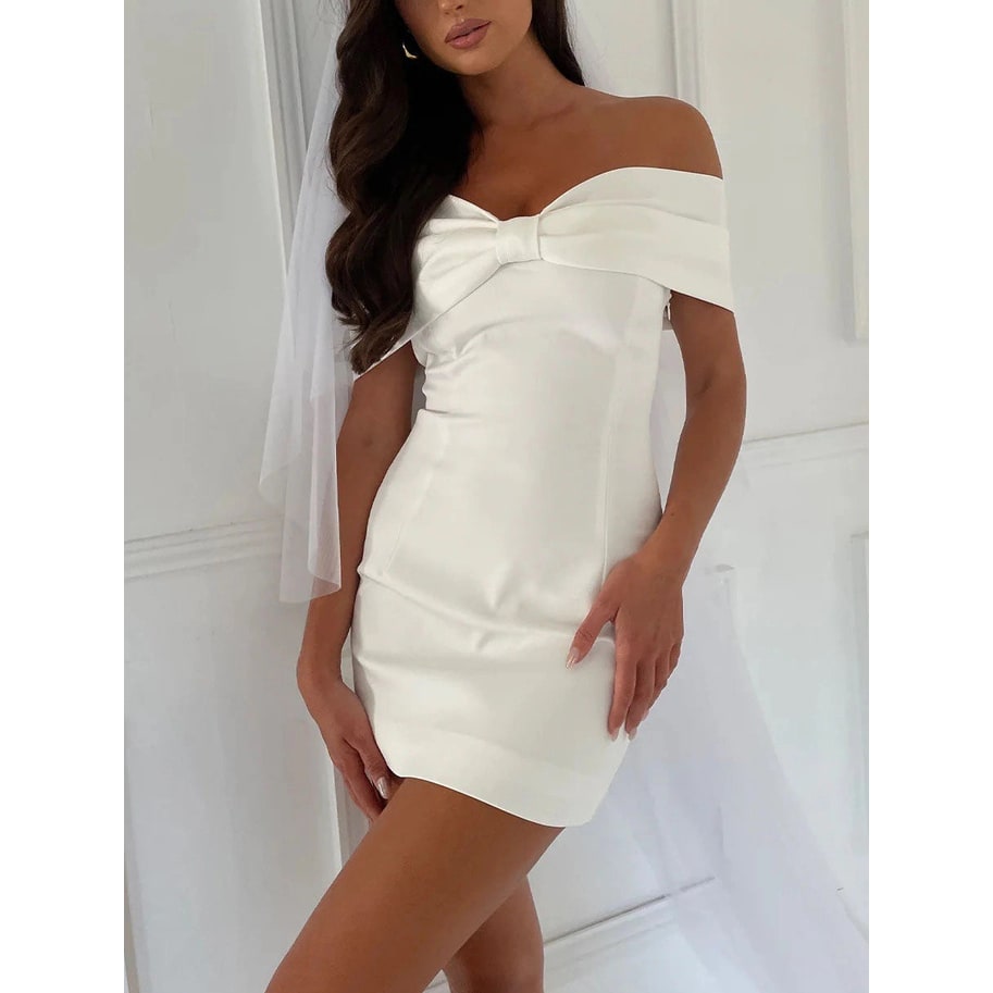 Women's Homecoming Dress Bodycon Mini with Off Shoulder Neckline and Oversized Bow - Image 5