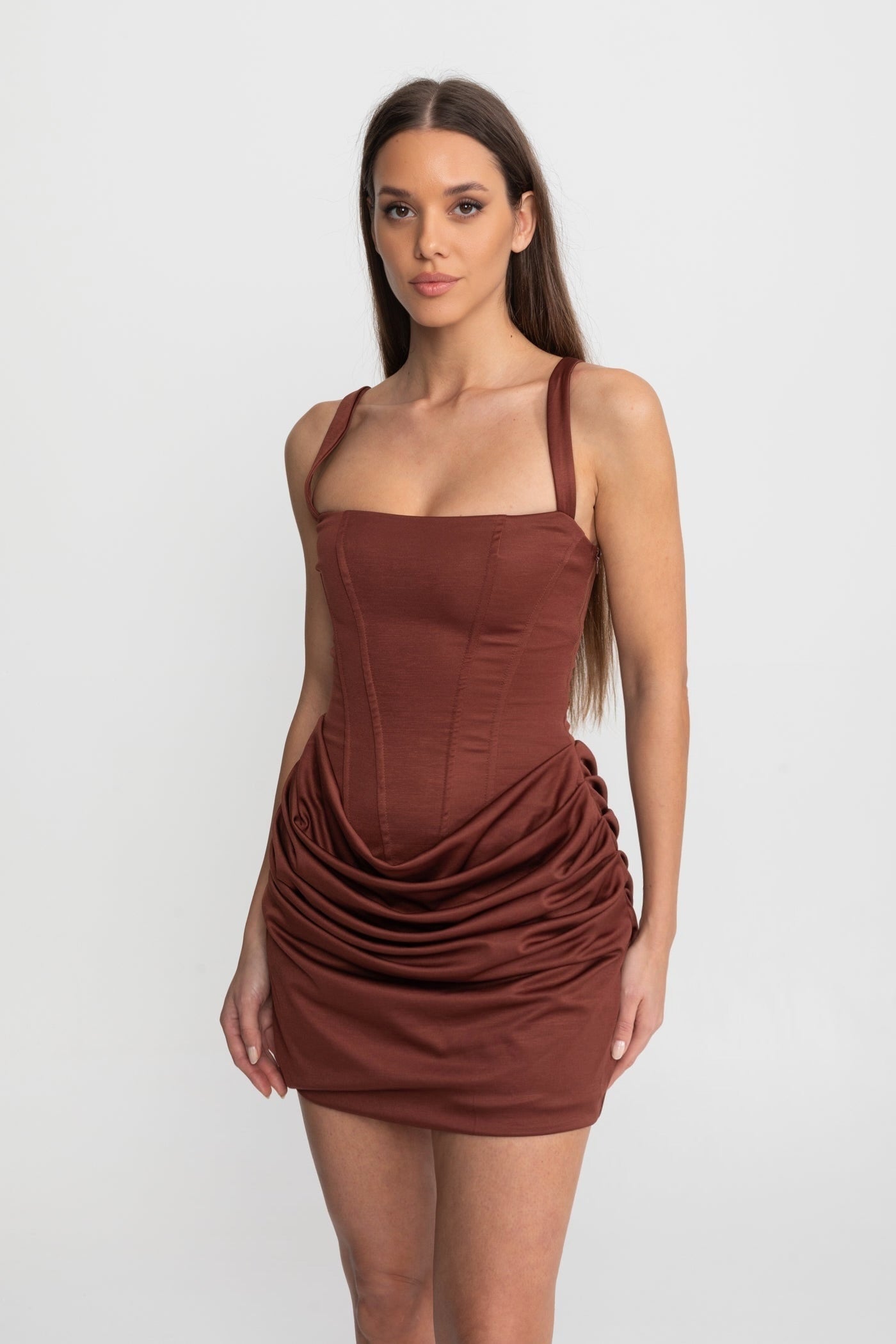 Women's Homecoming Dress Corset Mini with Square Neck Ruched Skirt and Lace-Up Back - Image 4