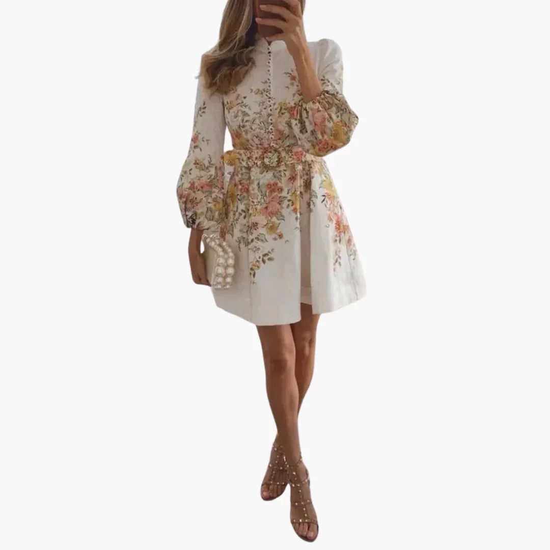 Women's Homecoming Dress Floral Mini with Long Sleeves and Button Front - Image 1