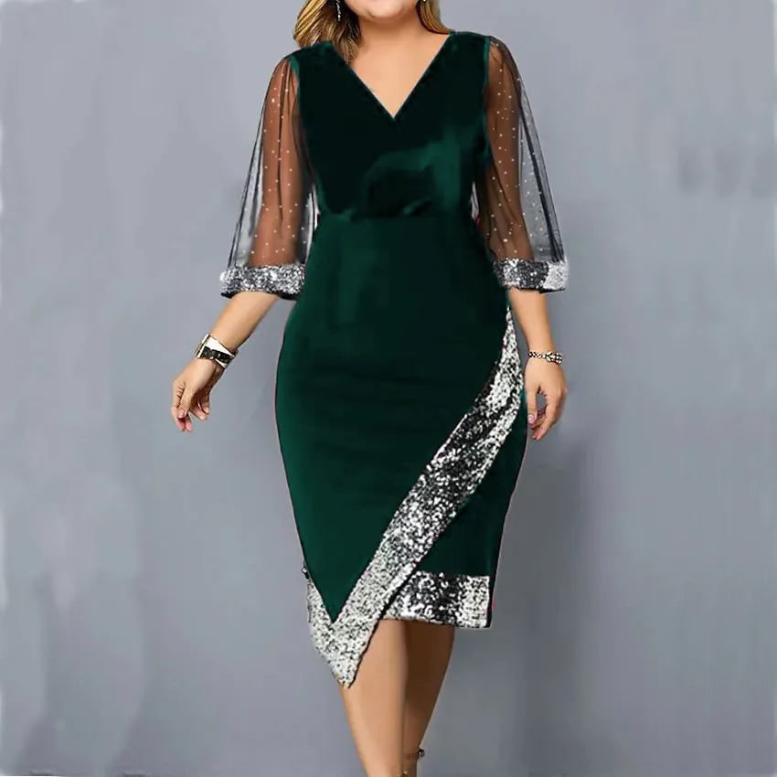 Women's Homecoming Dress Formal Midi Velvet with Sequin Trim and Mesh Sleeves V-Neckline - Image 1