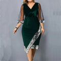 Women's Homecoming Dress Formal Midi Velvet with Sequin Trim and Mesh Sleeves V-Neckline - Image 1