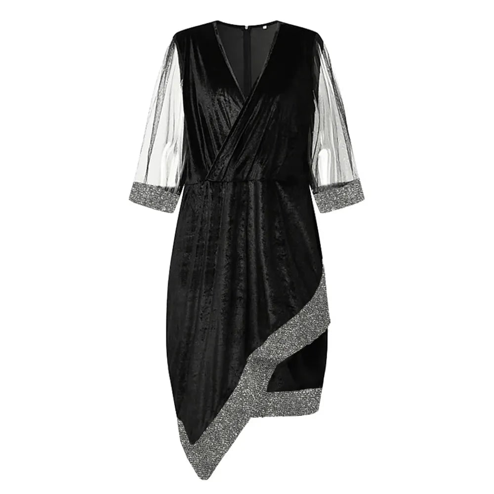 Women's Homecoming Dress Formal Midi Velvet with Sequin Trim and Mesh Sleeves V-Neckline - Image 13