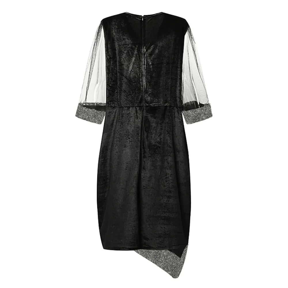 Women's Homecoming Dress Formal Midi Velvet with Sequin Trim and Mesh Sleeves V-Neckline - Image 14
