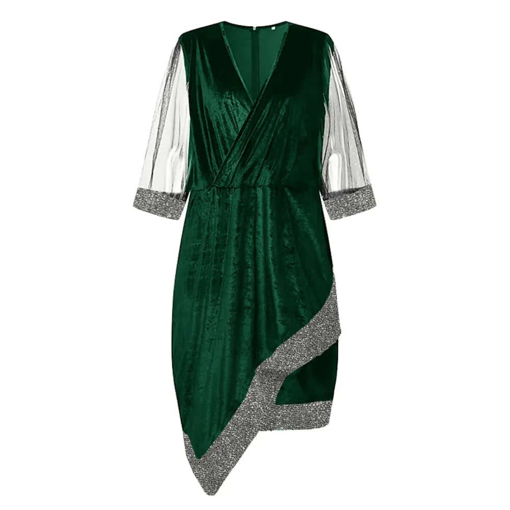 Women's Homecoming Dress Formal Midi Velvet with Sequin Trim and Mesh Sleeves V-Neckline - Image 2