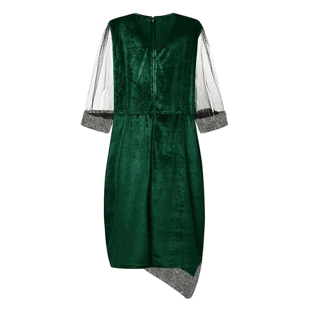Women's Homecoming Dress Formal Midi Velvet with Sequin Trim and Mesh Sleeves V-Neckline - Image 3