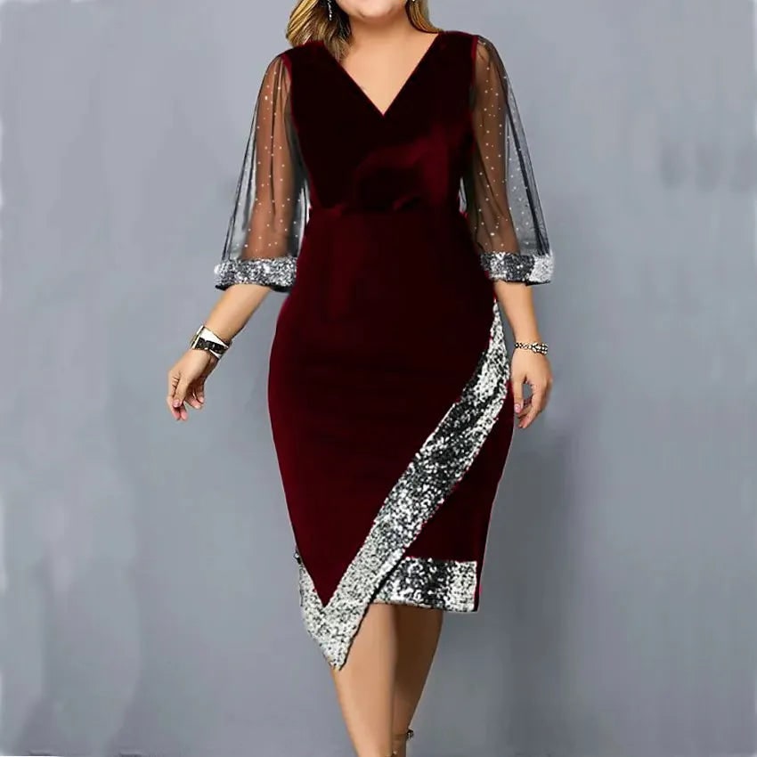 Women's Homecoming Dress Formal Midi Velvet with Sequin Trim and Mesh Sleeves V-Neckline - Image 4