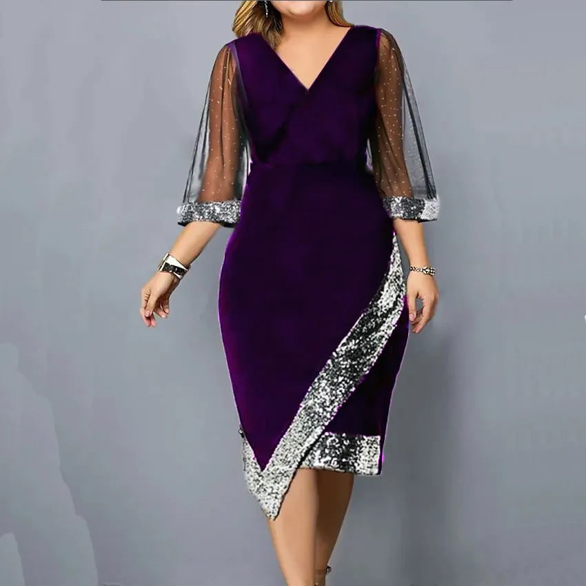 Women's Homecoming Dress Formal Midi Velvet with Sequin Trim and Mesh Sleeves V-Neckline - Image 5