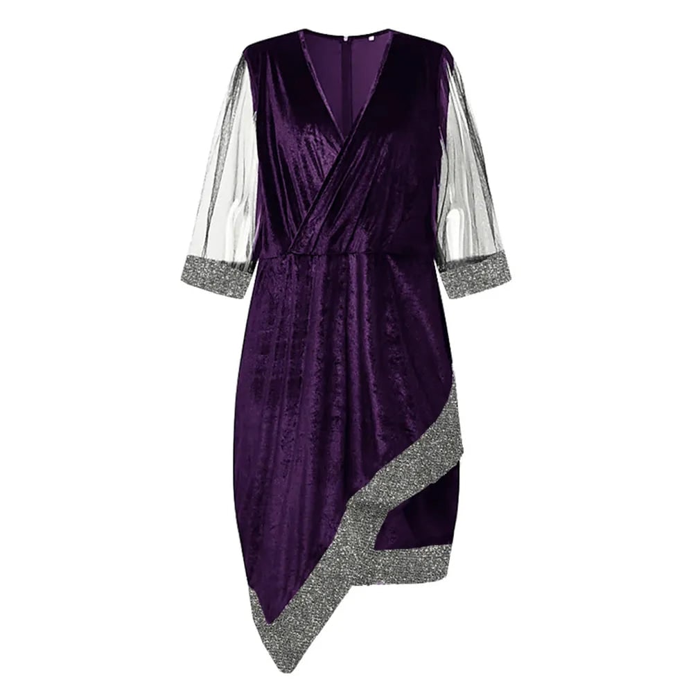 Women's Homecoming Dress Formal Midi Velvet with Sequin Trim and Mesh Sleeves V-Neckline - Image 6