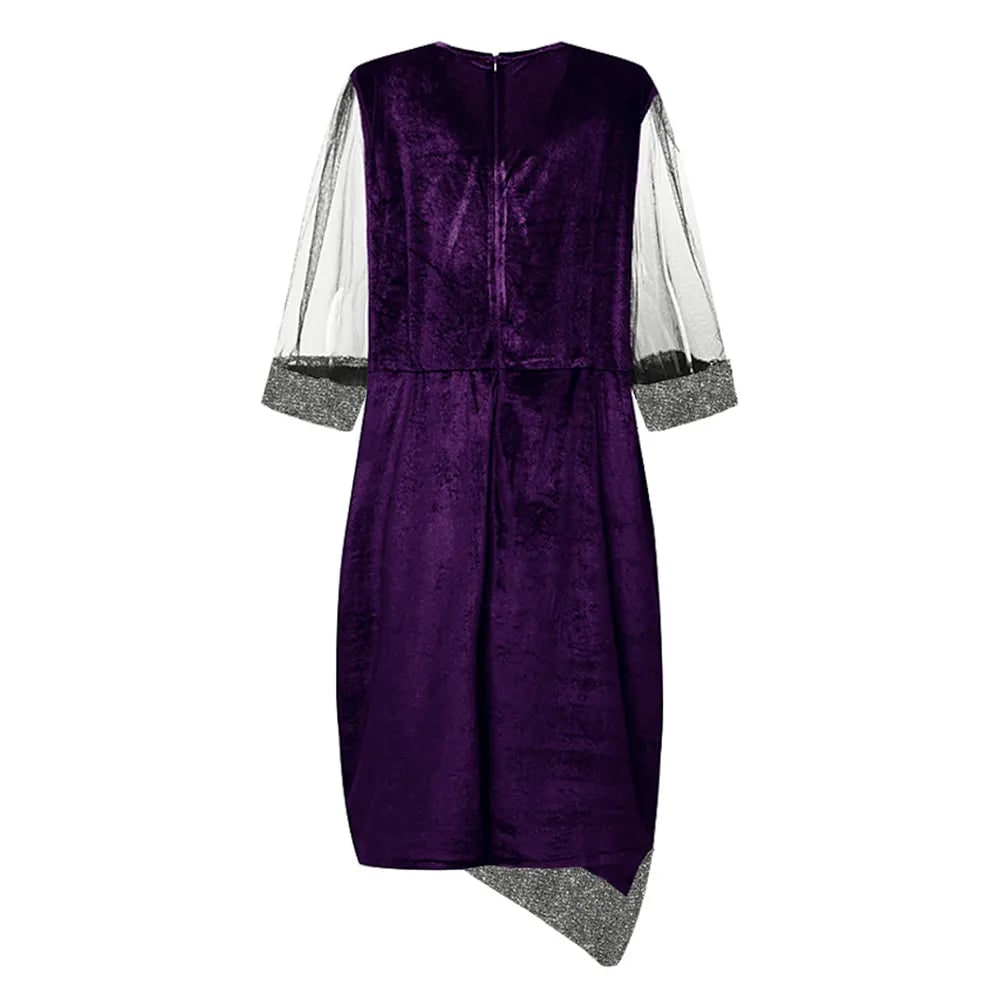 Women's Homecoming Dress Formal Midi Velvet with Sequin Trim and Mesh Sleeves V-Neckline - Image 7