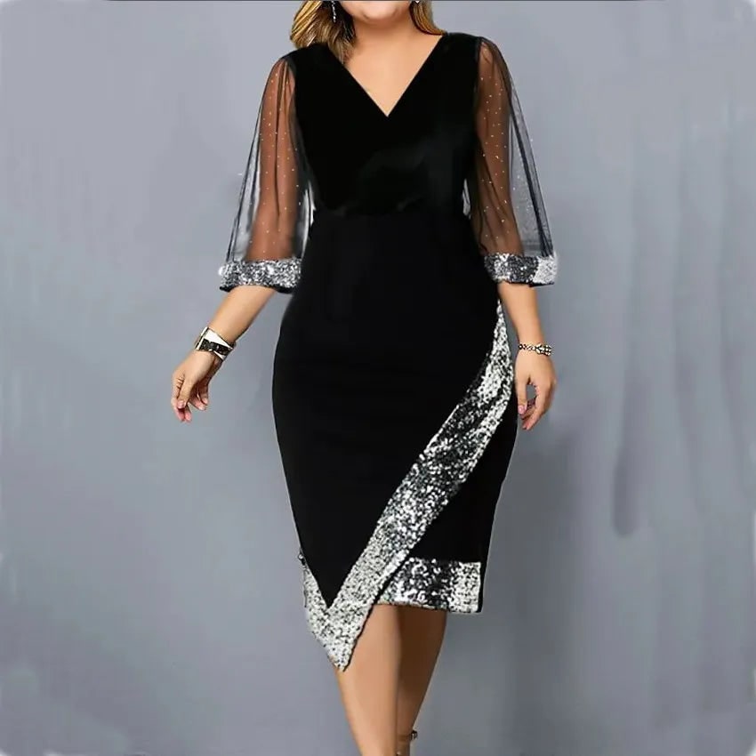 Women's Homecoming Dress Formal Midi Velvet with Sequin Trim and Mesh Sleeves V-Neckline - Image 8