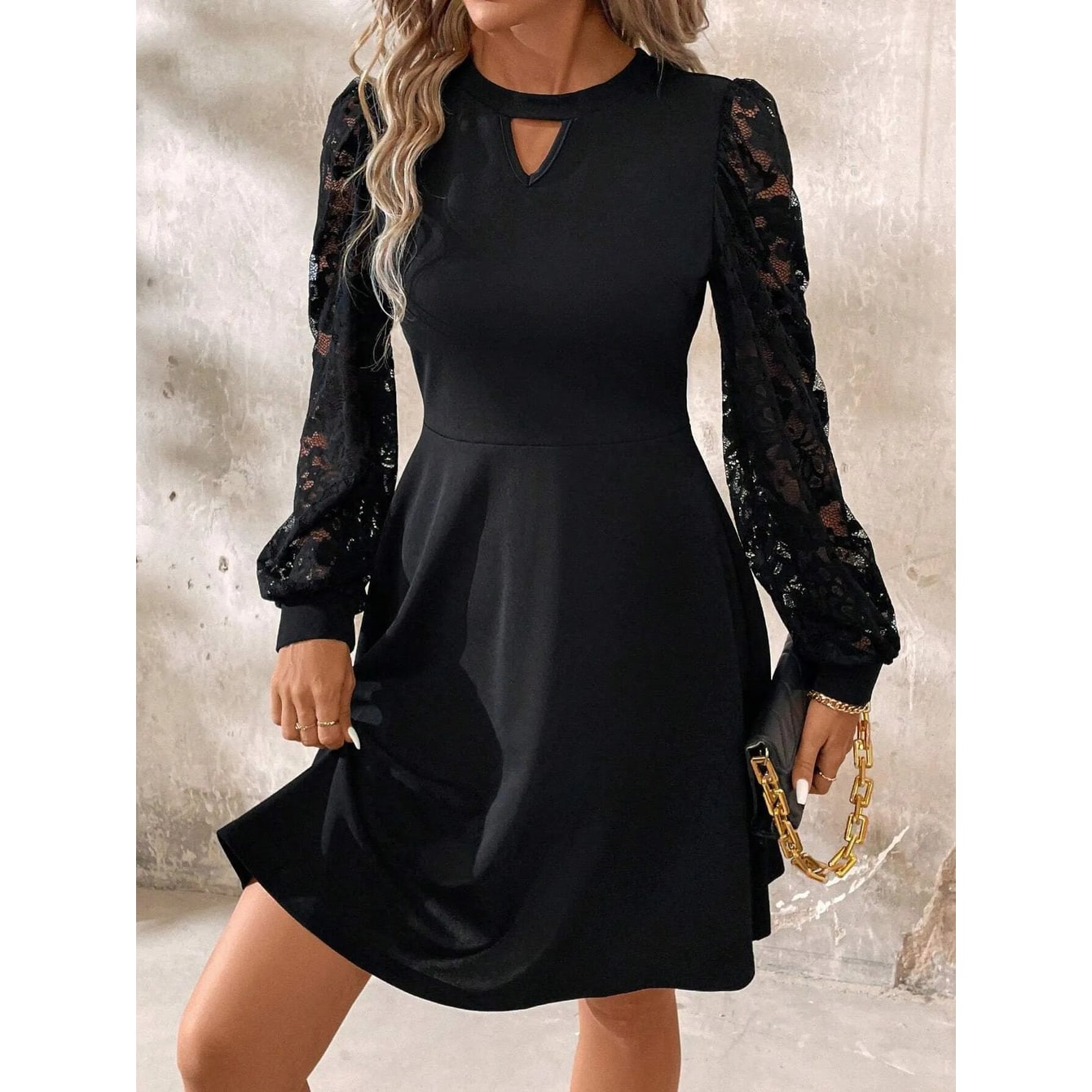 Women's Homecoming Dress Mini Little with Lace Sleeves and Keyhole Neckline - Image 4