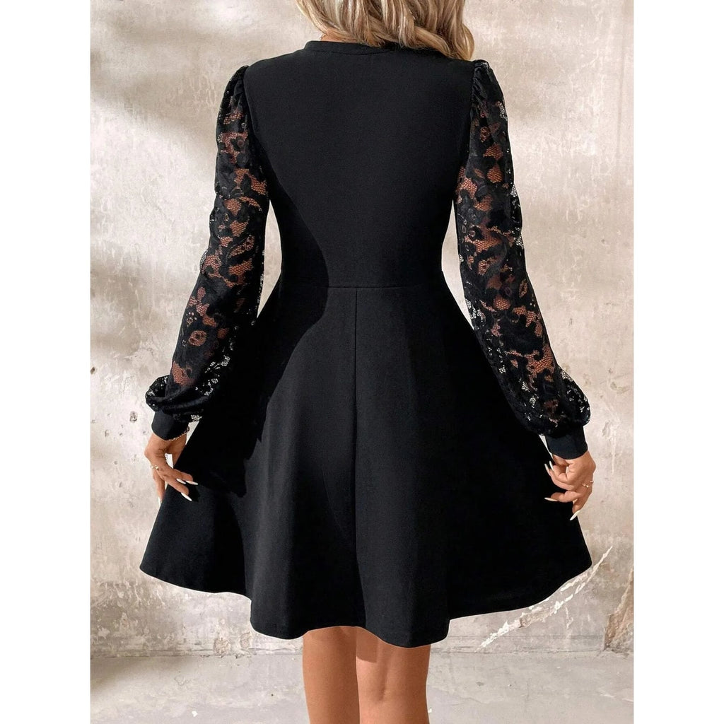 Women's Homecoming Dress Mini Little with Lace Sleeves and Keyhole Neckline - Image 5