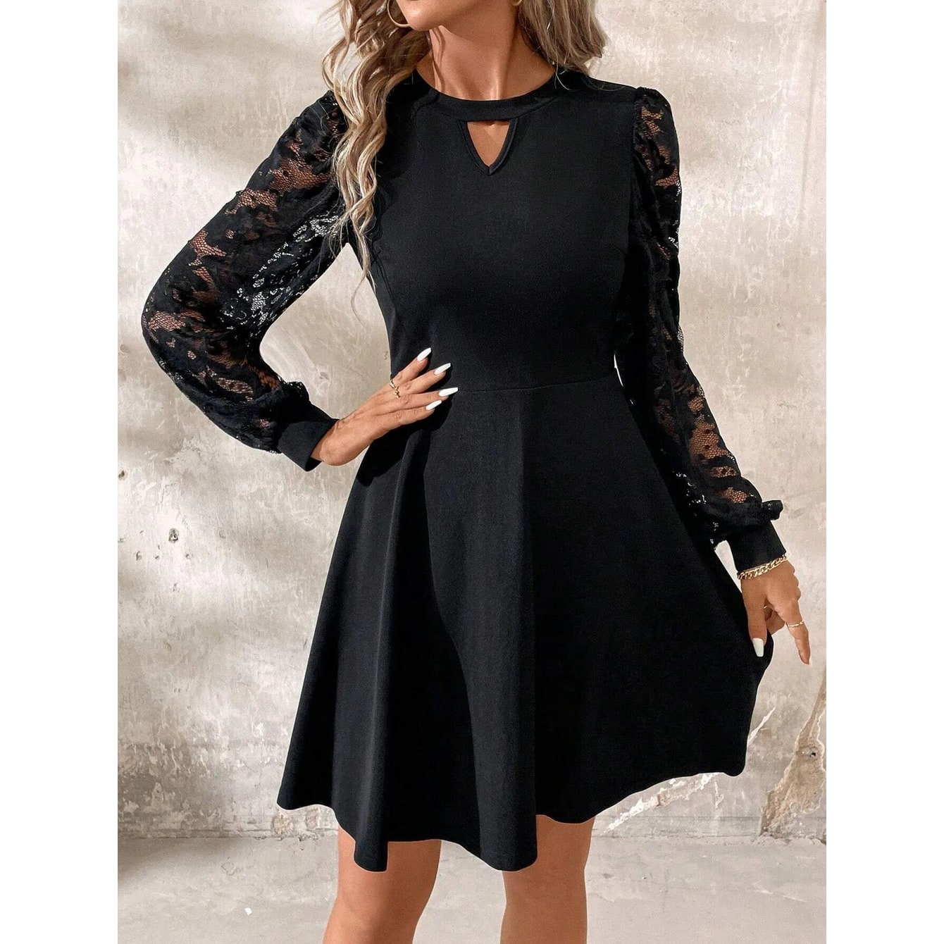 Women's Homecoming Dress Mini Little with Lace Sleeves and Keyhole Neckline - Image 6