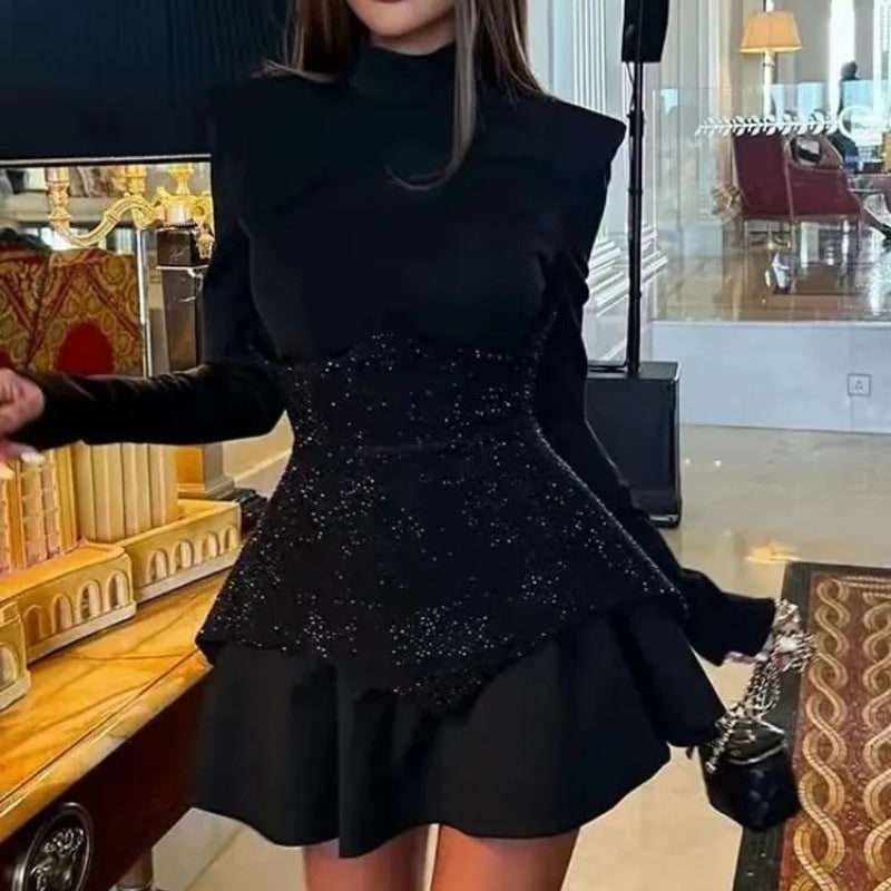 Women's Homecoming Dress Mini with Long Sleeve Sparkly Corset and Ruffled Skirt - Image 3