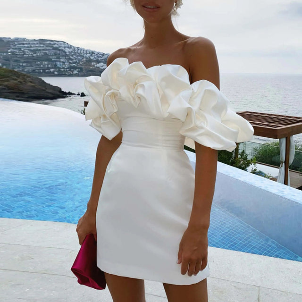 Women's Homecoming Dress Ruffle Mini Satin Strapless with Dramatic Off-Shoulder - Image 1