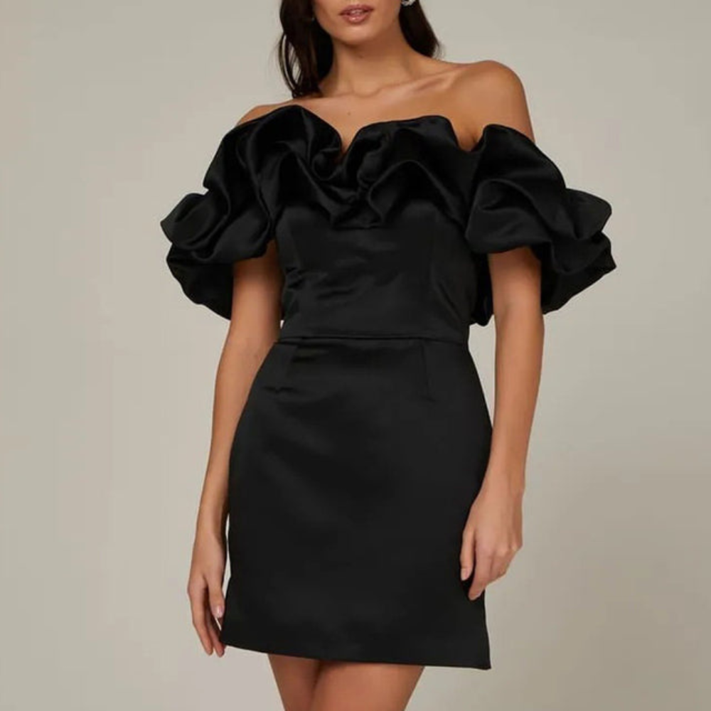 Women's Homecoming Dress Ruffle Mini Satin Strapless with Dramatic Off-Shoulder - Image 2