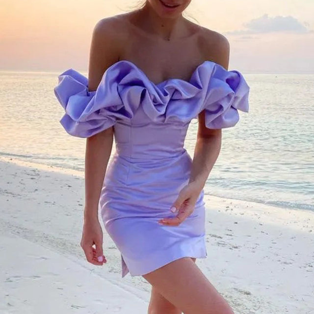 Women's Homecoming Dress Ruffle Mini Satin Strapless with Dramatic Off-Shoulder - Image 3