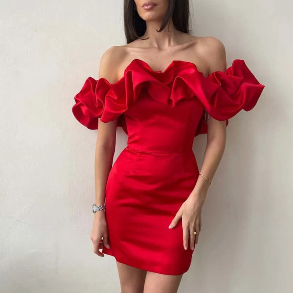 Women's Homecoming Dress Ruffle Mini Satin Strapless with Dramatic Off-Shoulder - Image 4