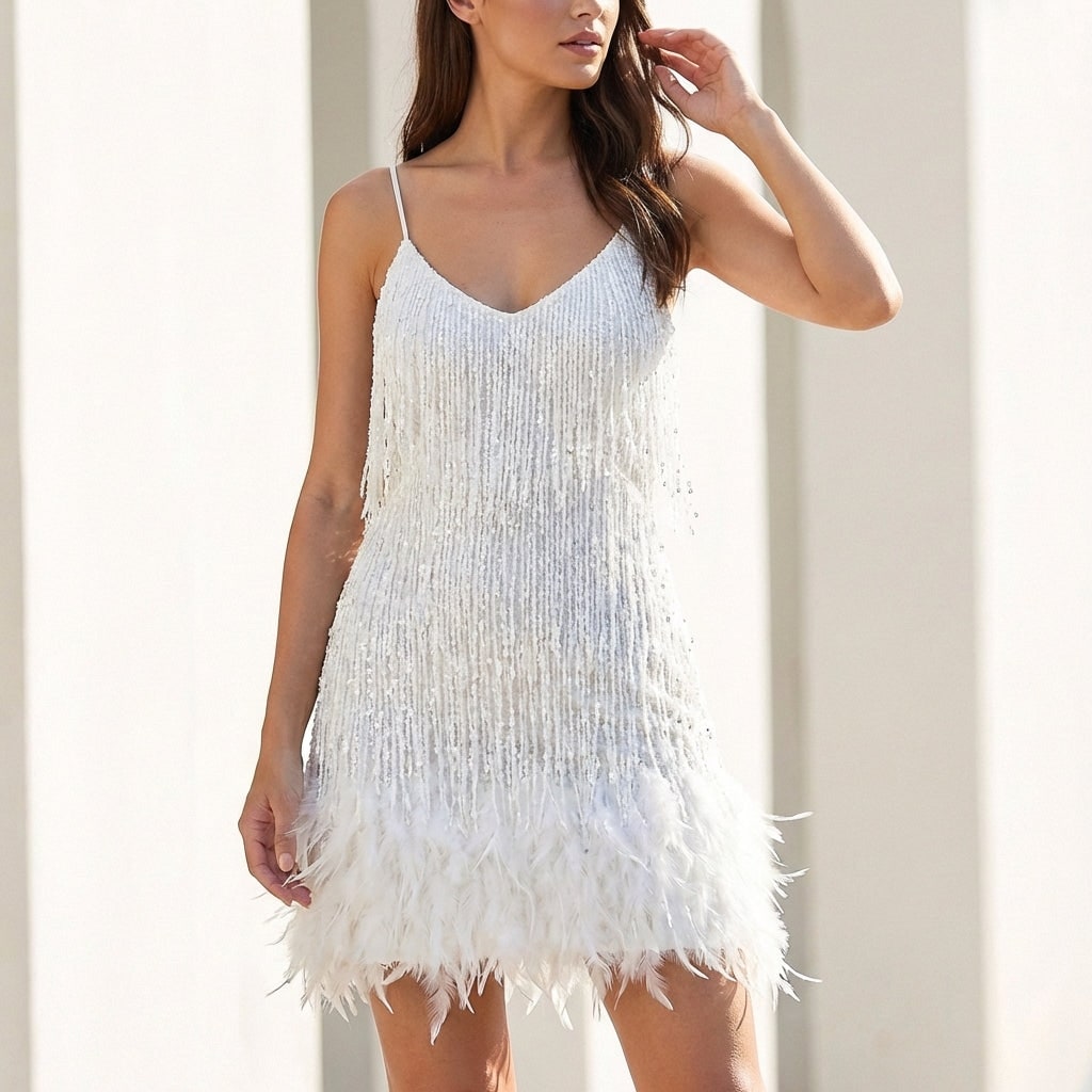 Women's Homecoming Dress Sparkly Sequin with Feather Hem V-Neckline Spaghetti Straps - Image 1