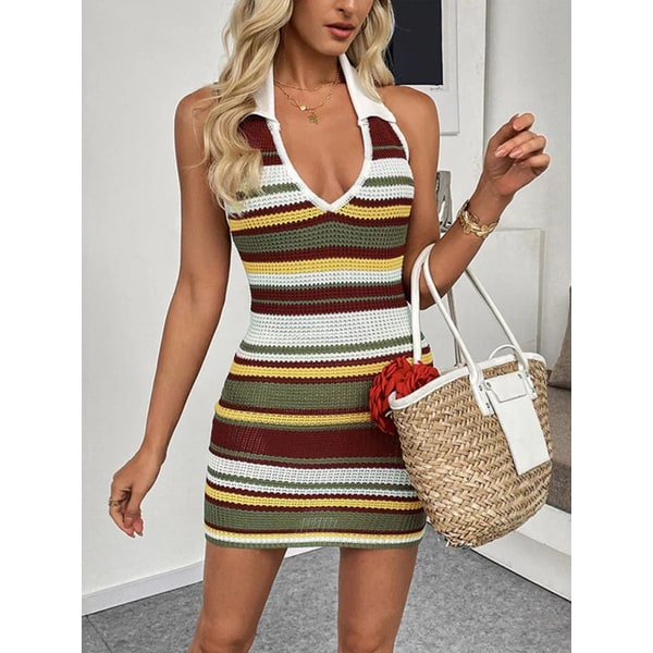 Women's Homecoming Halter Mini Dress Knit with Collared V-Neckline and Stripes - Image 1