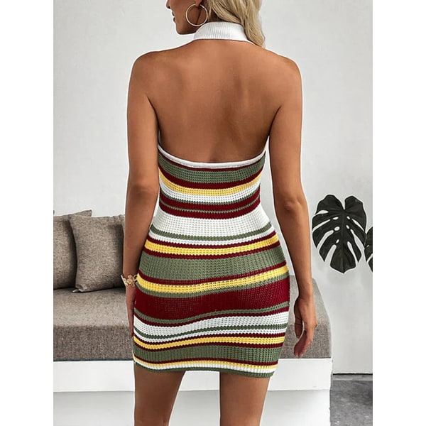 Women's Homecoming Halter Mini Dress Knit with Collared V-Neckline and Stripes - Image 3