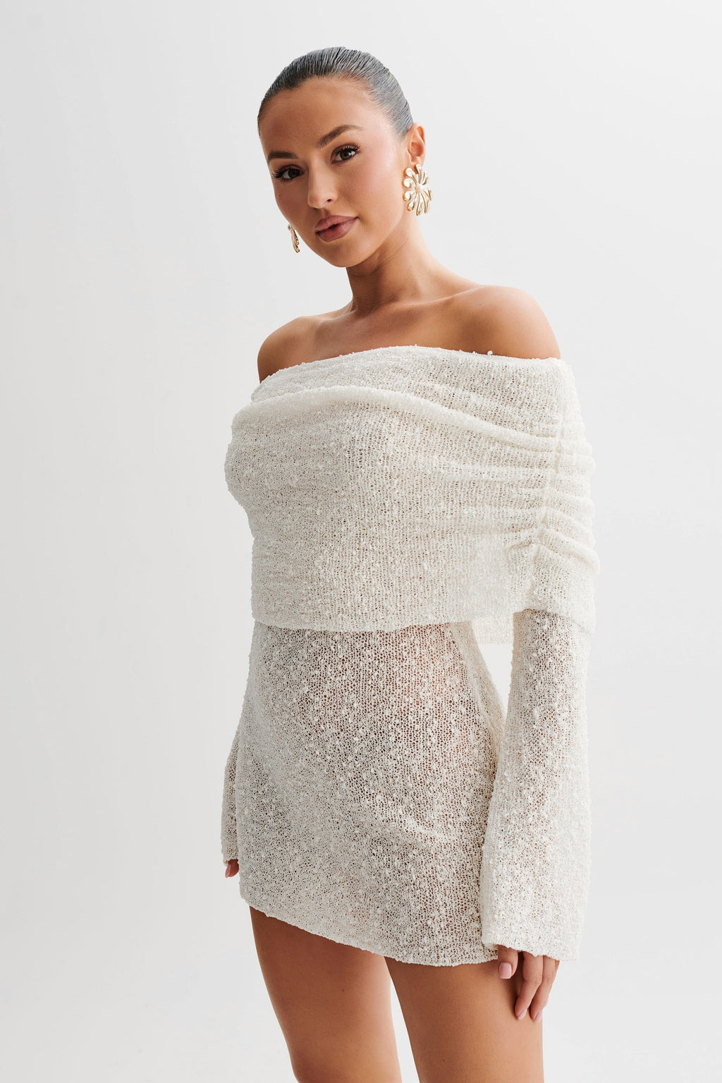 Women's Homecoming Knit Mini Dress with Off Shoulder Long Sleeves and Bell Cuffs - Image 1