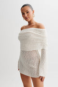 Women's Homecoming Knit Mini Dress with Off Shoulder Long Sleeves and Bell Cuffs - Image 1