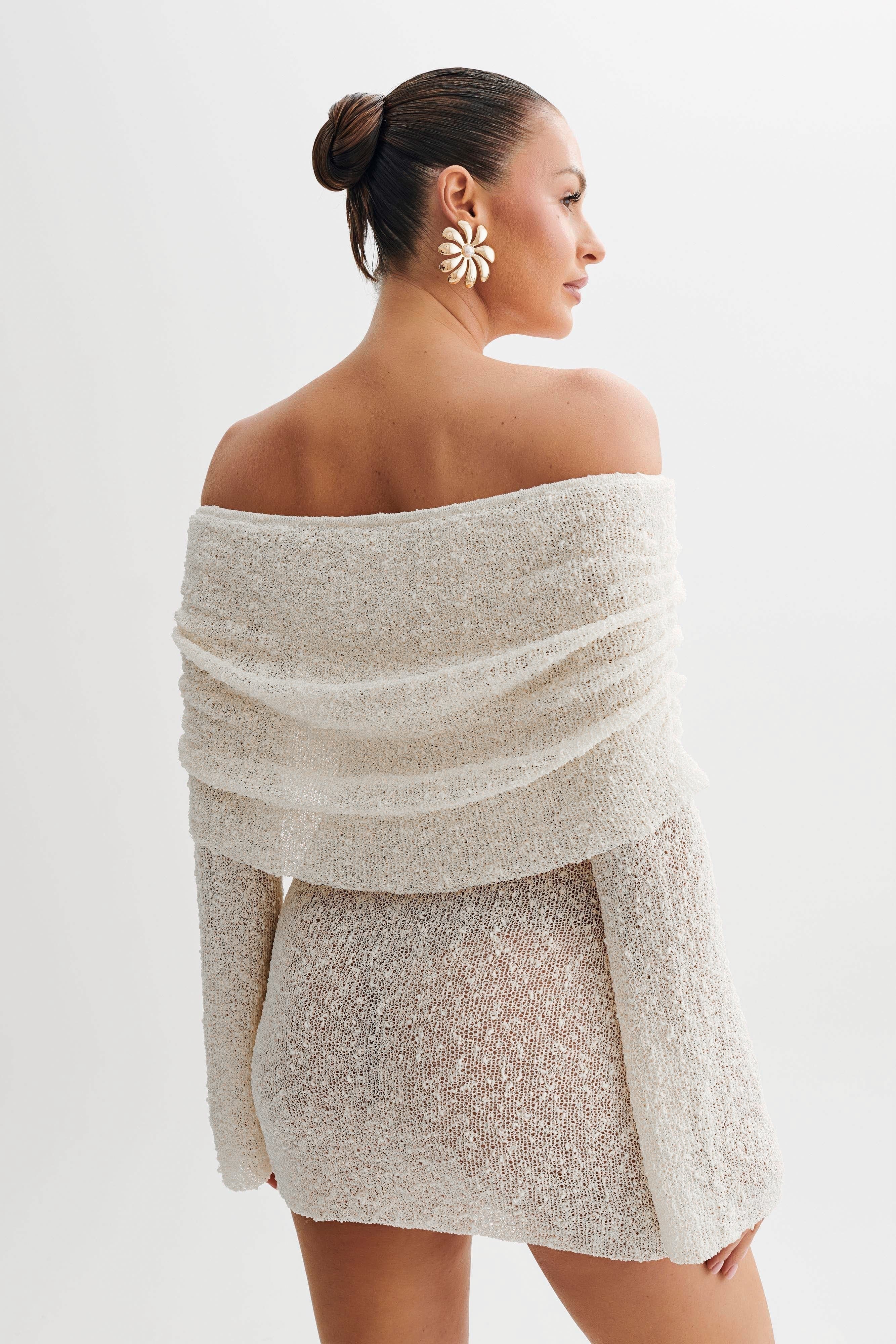 Women's Homecoming Knit Mini Dress with Off Shoulder Long Sleeves and Bell Cuffs - Image 2