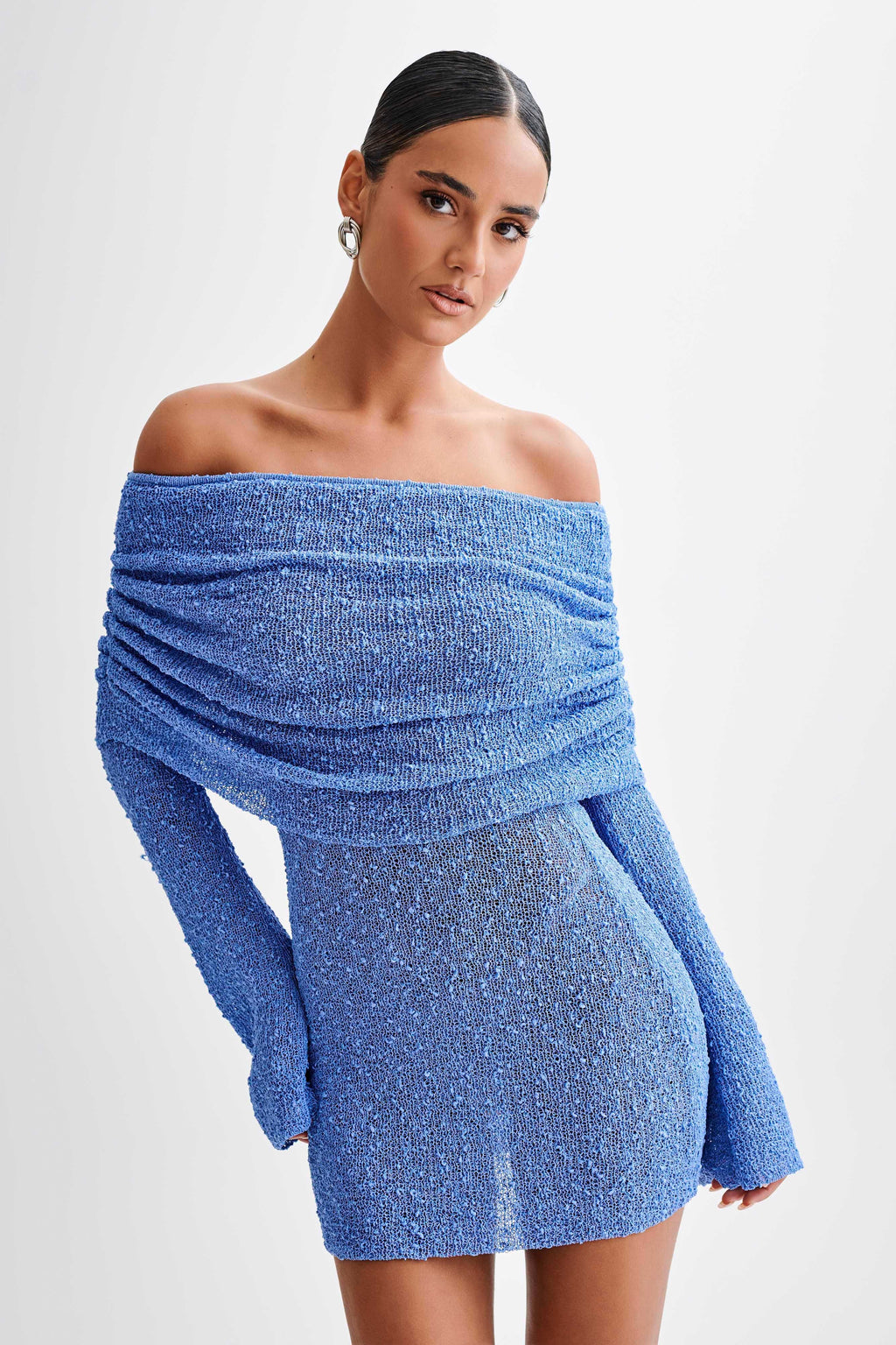 Women's Homecoming Knit Mini Dress with Off Shoulder Long Sleeves and Bell Cuffs - Image 7