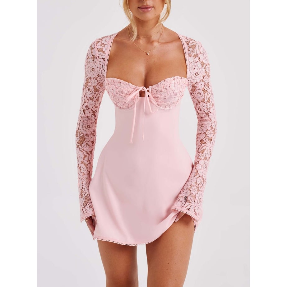 Women's Homecoming Long Sleeve Mini Dress with Lace and Corset Back - Image 1