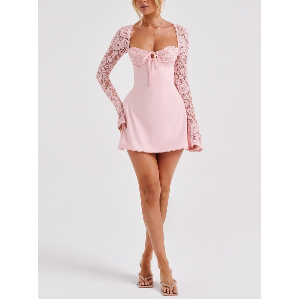 Women's Homecoming Long Sleeve Mini Dress with Lace and Corset Back - Image 2