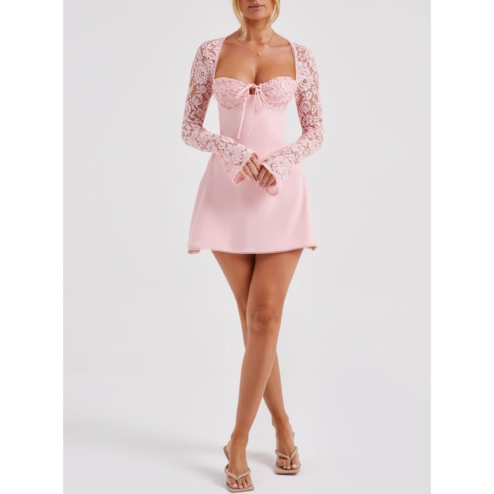 Women's Homecoming Long Sleeve Mini Dress with Lace and Corset Back - Image 3