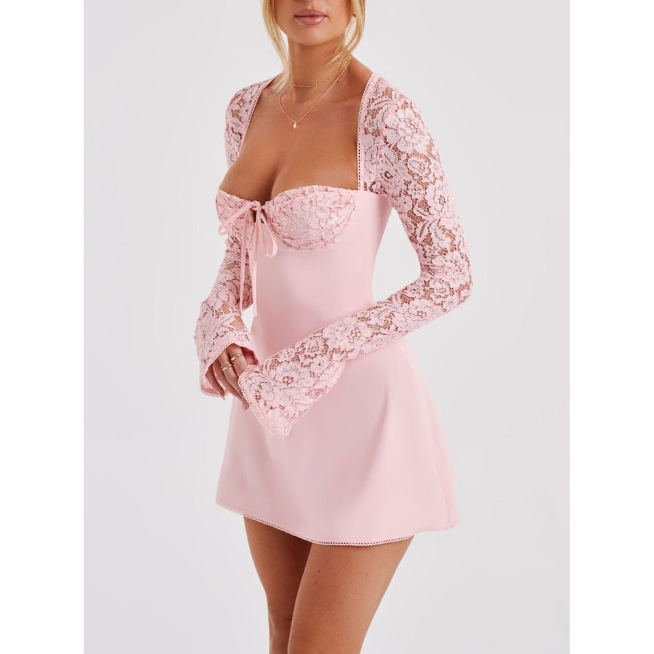 Women's Homecoming Long Sleeve Mini Dress with Lace and Corset Back - Image 4