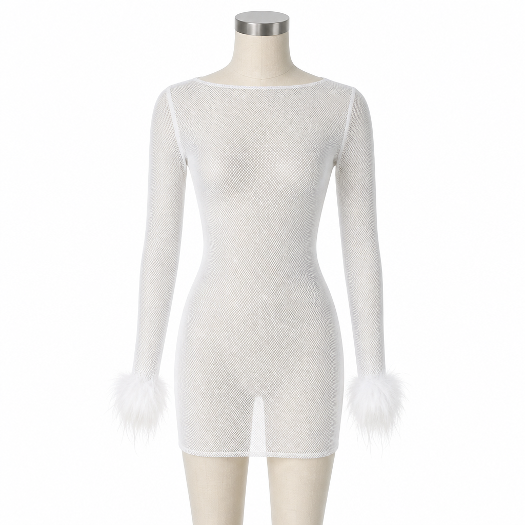 Women's Homecoming Mesh Mini Dress with Long Sleeves and Feather Trim - Image 2