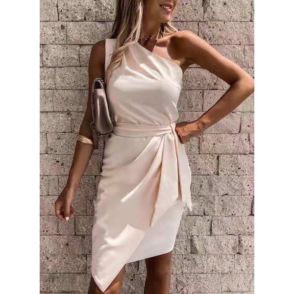 Women's Homecoming Midi Wrap Dress with One Shoulder Tie Waist and Asymmetric Tulip Hem - Image 1
