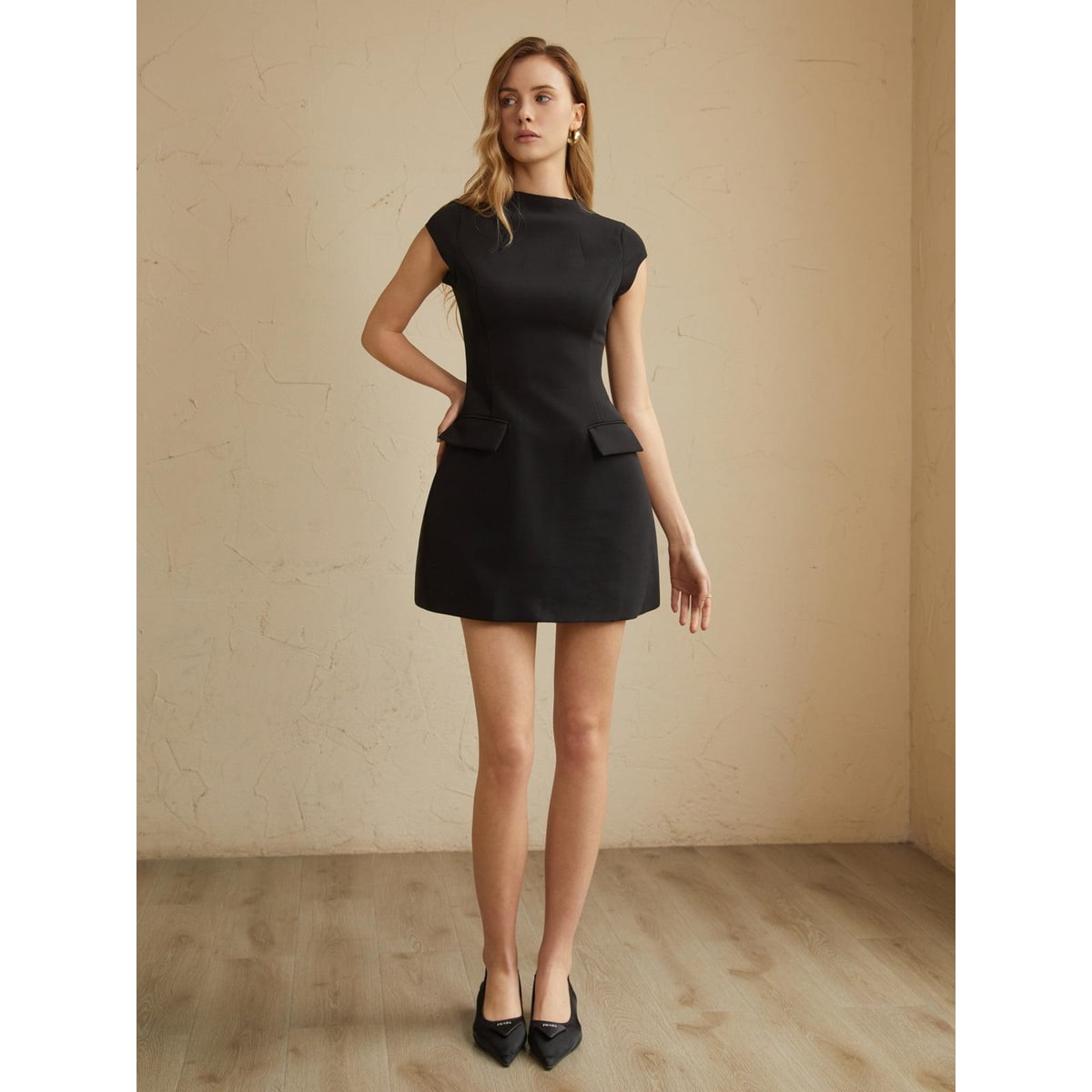 Women's Homecoming Mini Mock Neck Dress with Cap Sleeves and Flap Pockets - Image 1