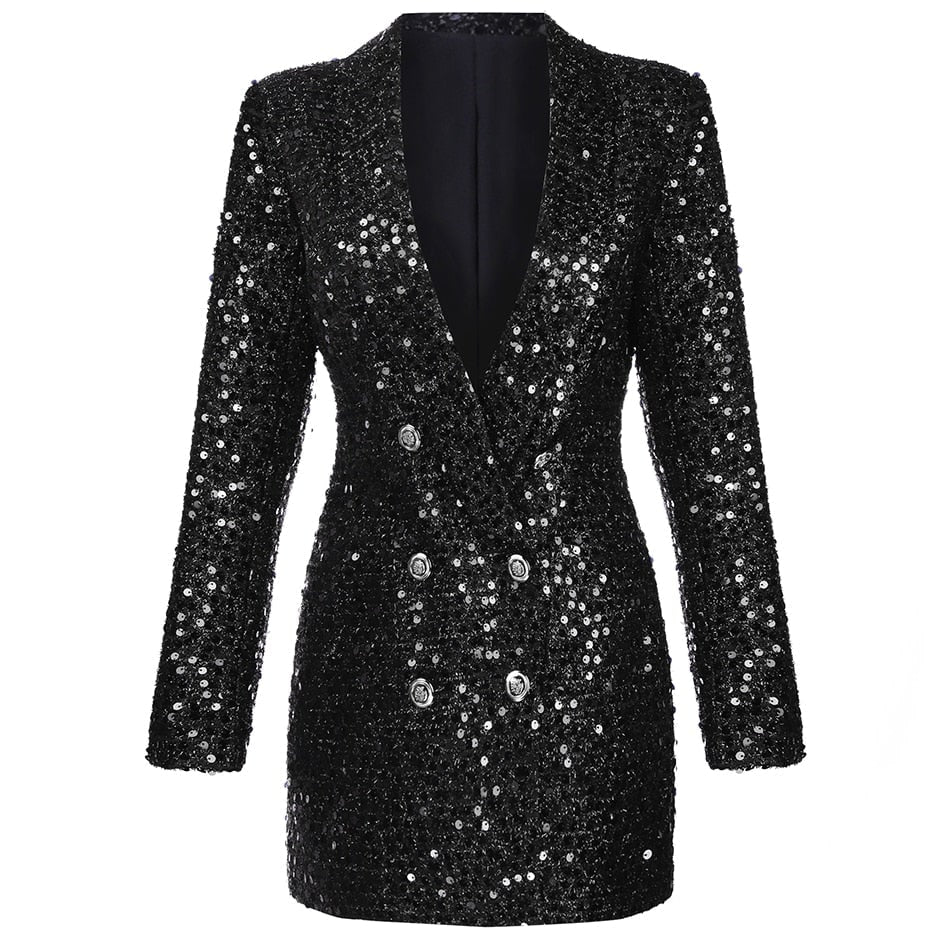 Women's Homecoming Sequin Blazer Dress with Double-Breasted Long Sleeves and V-Neckline - Image 2