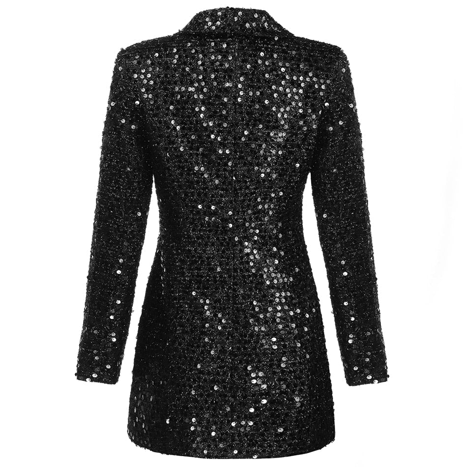 Women's Homecoming Sequin Blazer Dress with Double-Breasted Long Sleeves and V-Neckline - Image 3