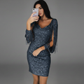 Women's Homecoming Sequin Mini Dress with Long Sleeves V-Neck Bodycon Fringe - Image 1