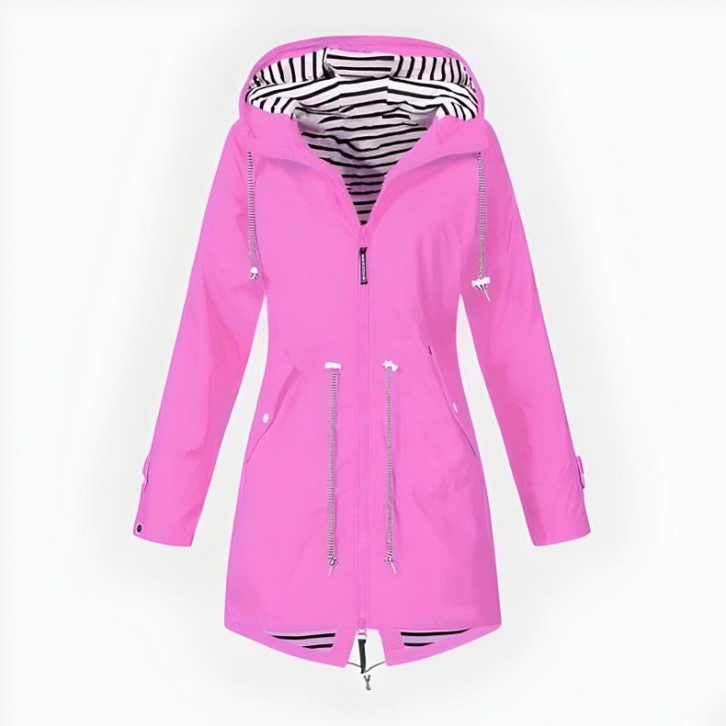Womens Hooded Rain Jacket Long Windproof Striped Lining Pockets Drawstring - Image 1
