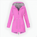 Womens Hooded Rain Jacket Long Windproof Striped Lining Pockets Drawstring - Image 1