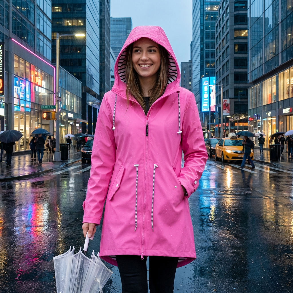 Womens Hooded Rain Jacket Long Windproof Striped Lining Pockets Drawstring - Image 2