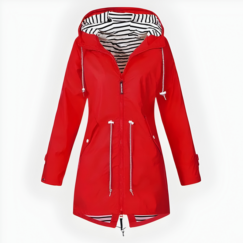 Womens Hooded Rain Jacket Long Windproof Striped Lining Pockets Drawstring - Image 3