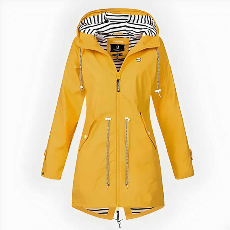 Womens Hooded Rain Jacket Long Windproof Striped Lining Pockets Drawstring - Image 4