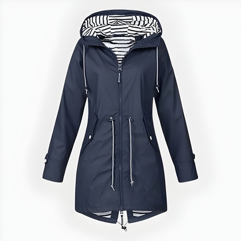 Womens Hooded Rain Jacket Long Windproof Striped Lining Pockets Drawstring - Image 5