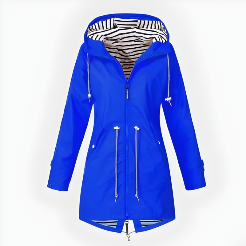 Womens Hooded Rain Jacket Long Windproof Striped Lining Pockets Drawstring - Image 6