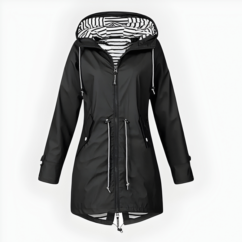 Womens Hooded Rain Jacket Long Windproof Striped Lining Pockets Drawstring - Image 7