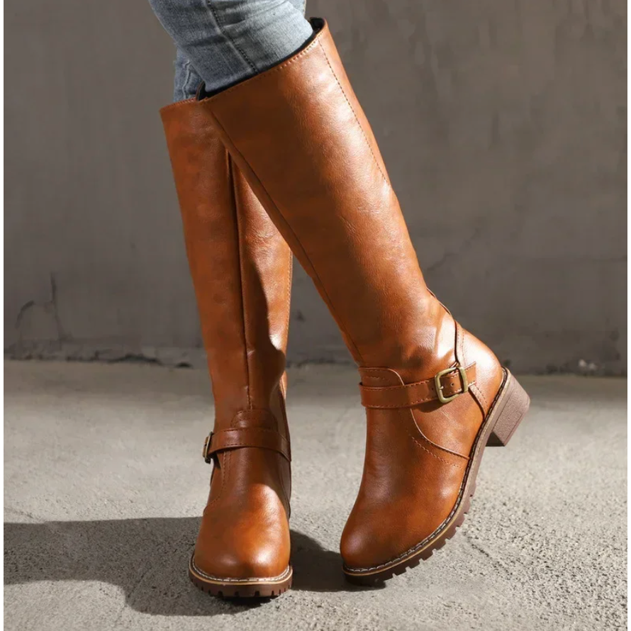 Women's Knee High Boots with Buckle Strap Zipper and Lug Sole - Image 1