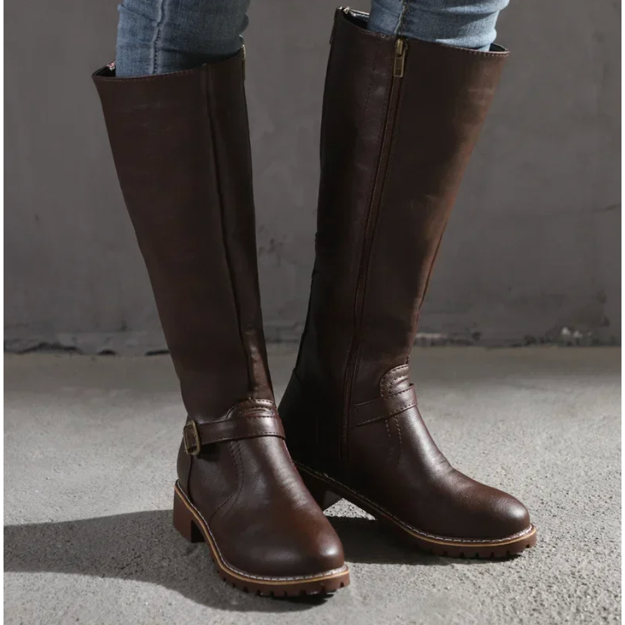 Women's Knee High Boots with Buckle Strap Zipper and Lug Sole - Image 2